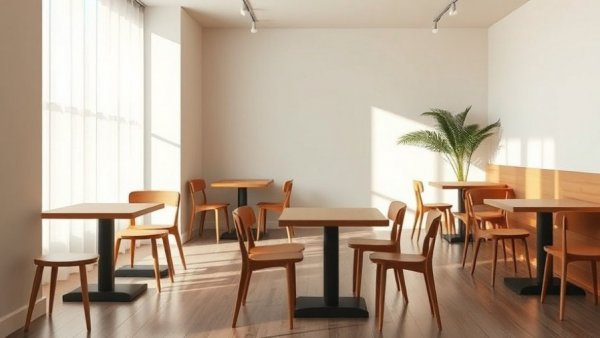 Minimalist dining area with soft lighting and wooden furniture.