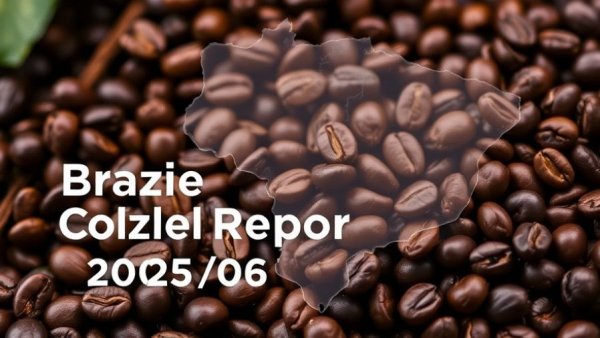 Brazil Coffee Report 2025/26 map overlay on coffee beans.