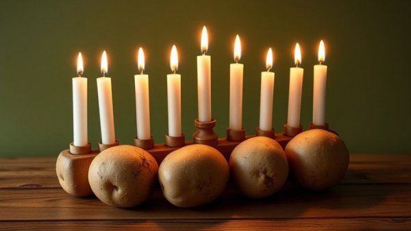 DIY Menorahs for Hanukkah using potatoes and candles on green background.