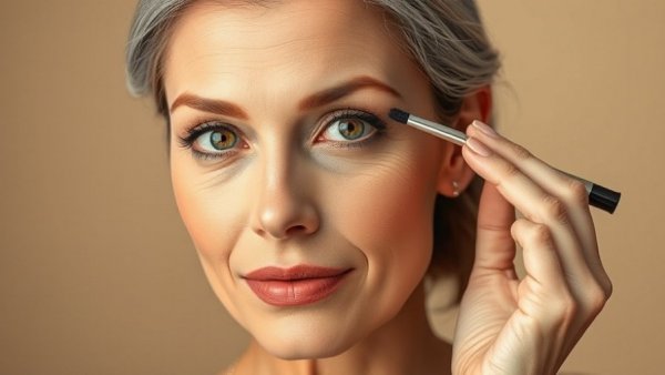 Elegant woman demonstrating eyebrow shaping tutorial.