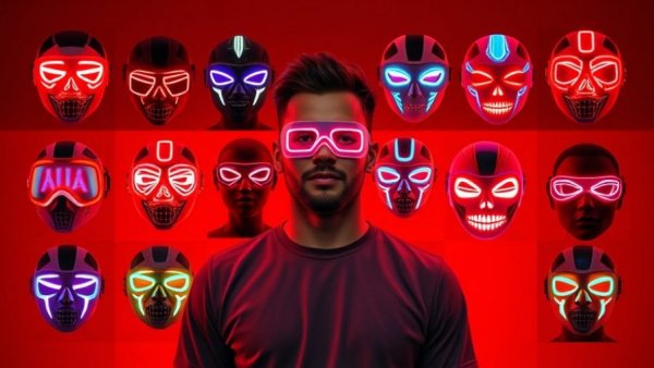 Variety of red light therapy masks displayed with a man in a bold background.
