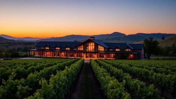 Robert Mondavi Winery renovation at twilight with vineyards and hills.
