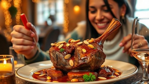 Moroccan cuisine enthusiast savoring lamb shank topped with almonds.