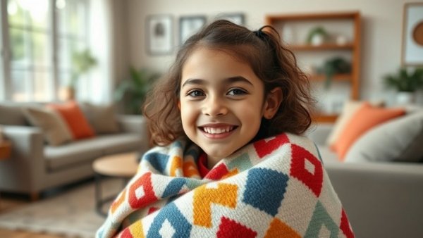 Young girl smiling indoors with a colorful blanket, in a cozy home setting.