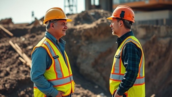 Worker discussing foundation construction methods on site.
