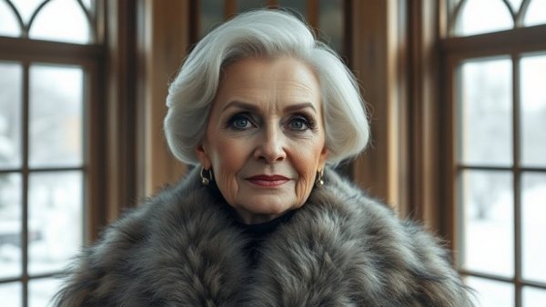 Elegant woman over 40 with glamorous makeup, winter scene.