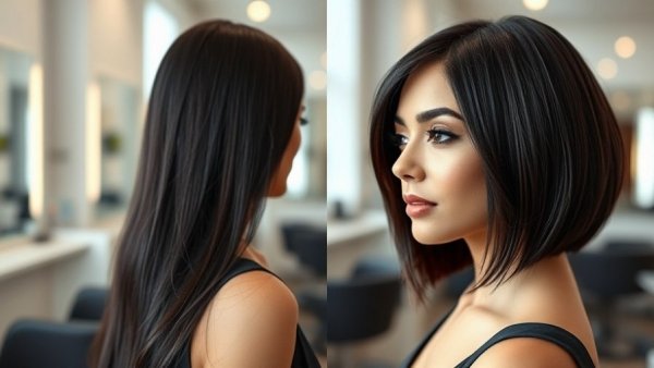 Chic inverted bob haircuts shown with before and after hairstyle transformation.