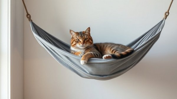 Cozy tabby cat on grey wall hammock for holiday gift guide for pets.
