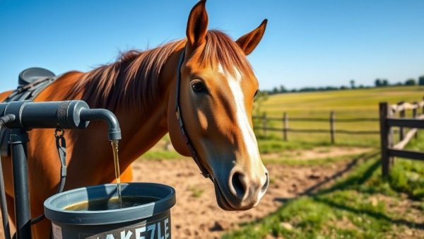 Horse drinking from structured water device showcasing health benefits.