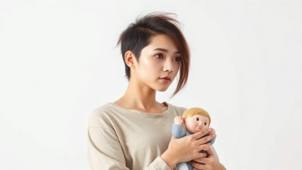 Thoughtful woman with unique hairstyle holding a doll indoors, reflecting.