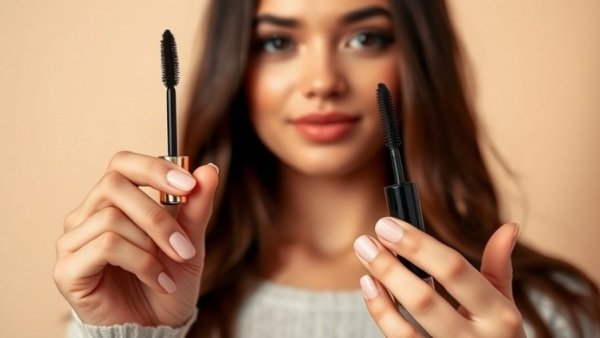 Young woman comparing tubing mascara vs regular mascara, close-up.