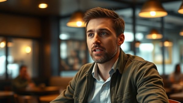 Casually dressed man speaking in a vibrant dining spot.