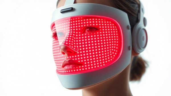 Person using LED mask for red light therapy, soothing effect.