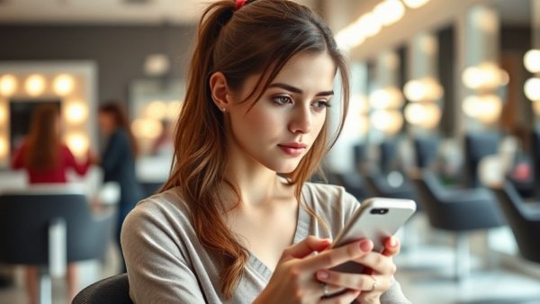 Young woman using smartphone in beauty salon, Instagram marketing for beauty salons.