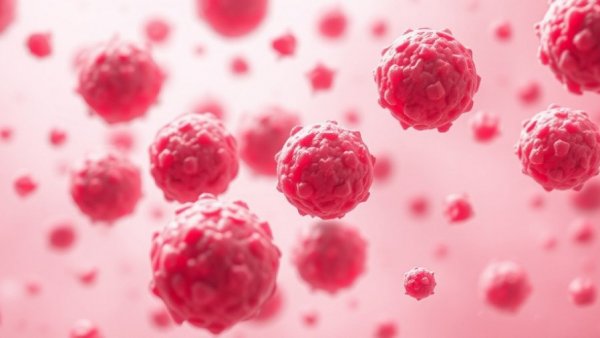 Detailed red stem cells in a pink fluid representing stem cell therapy for eye diseases.