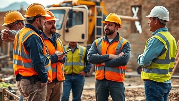 Workers discussing foundation types at construction site.