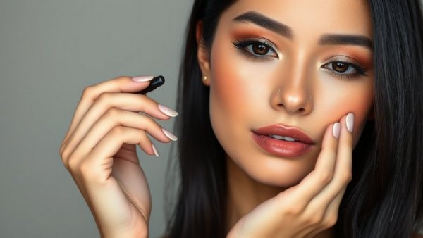 Holiday makeup trends 2025: Woman applying shimmering eye makeup.