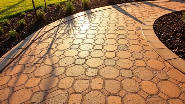 Two-tone stamped concrete with hexagonal pattern in sunlight.