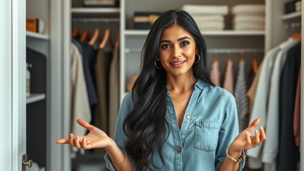 Confident woman discussing winter static hair solutions with a hair product.