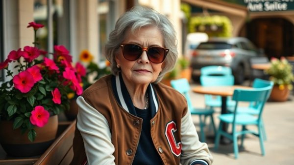 Confident older woman at an outdoor cafe, emphasizing best makeup tips for women over 40.