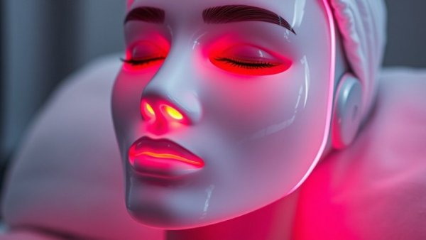 Futuristic red light therapy mask glowing softly indoors.