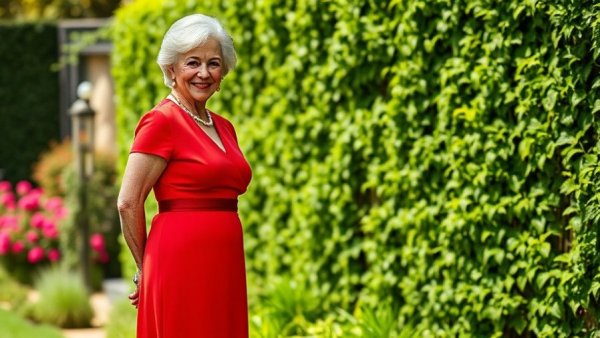 Elegant woman in red dress outdoors, best makeup tips for women over 40.