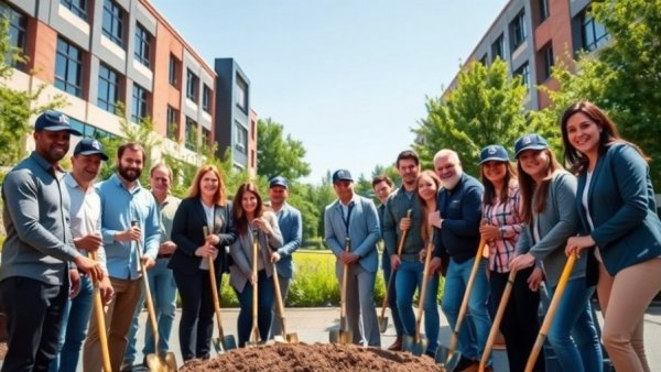 LSU New Dormitory Project groundbreaking ceremony with group holding shovels.