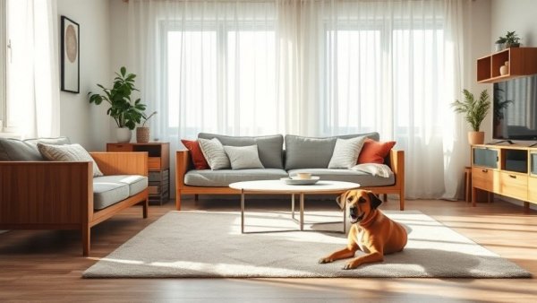Cozy modern living room with dog and sunlight in London.