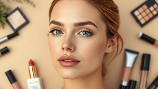 Minimalist Holiday Makeup look with various makeup products.