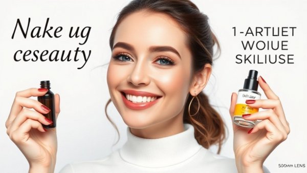 Woman demonstrating makeup skincare routine comparison with products.