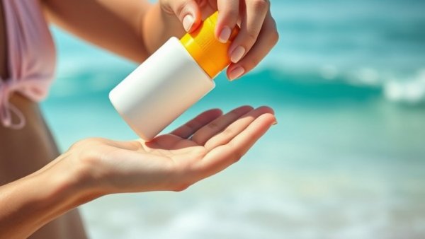 Hands applying sunscreen with new FDA proposed sunscreen ingredients at the beach.