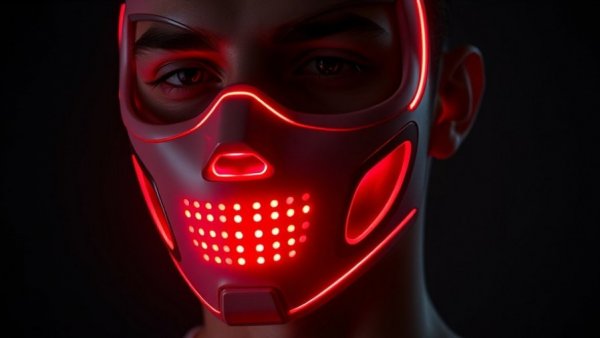 Futuristic LED facial mask with red light in dark background.