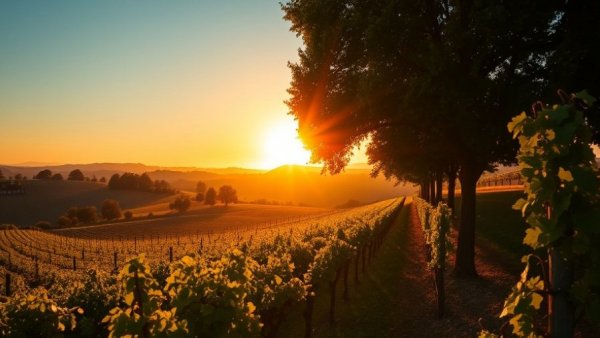 Scenic vineyard sunset scene highlighting the sparkling wine market.