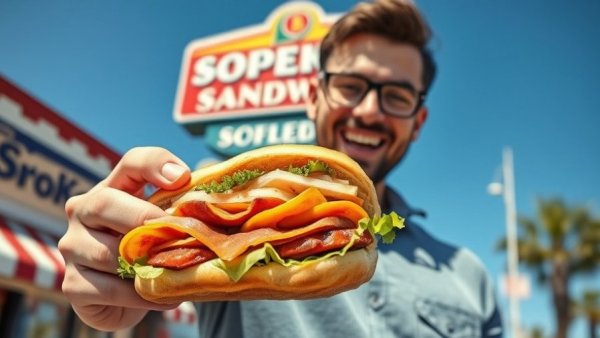 Iconic sandwich shop in Los Angeles with a loaded sub and cheerful man