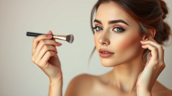 Woman applying minimal holiday glam makeup, holding a brush in natural light.