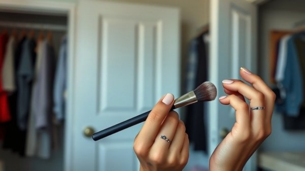 Young woman applying foundation, showing makeup technique at home.