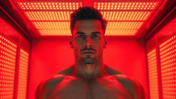 Muscular man experiencing red light therapy in ambient red light.