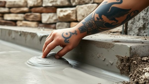 Tattooed arm smoothing wet concrete on construction site, focusing on foundation construction methods.