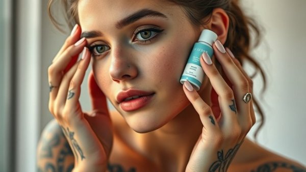 Tattooed woman applying skincare product, highlighting makeup skincare routine.