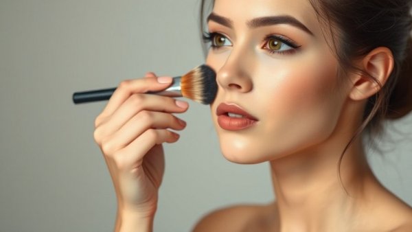 Woman demonstrating how to apply foundation flawlessly with brush technique.
