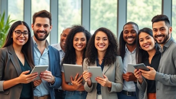 Diverse team using devices for streaming Google reviews to your website.