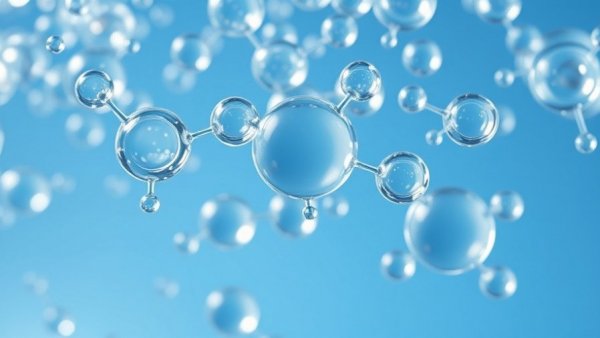Close-up of water molecules in transparent blue background.