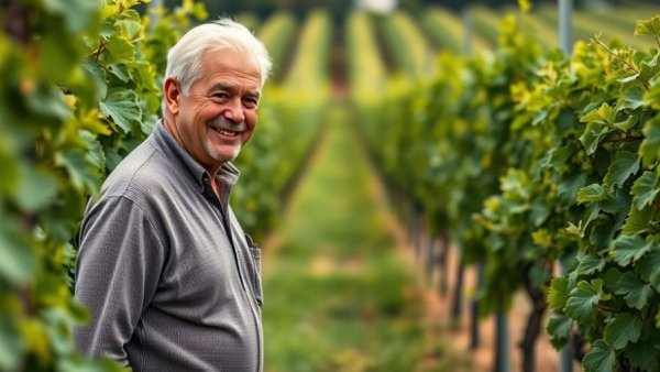 Elderly man in vineyard, California viticulture scene, sunny day.