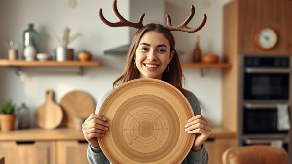 Cheerful woman in kitchen holding a wooden chart, healthy pregnancy diet concept.