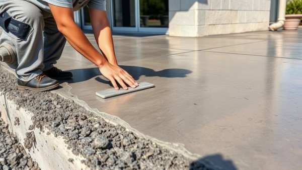 Concrete finish restoration with a worker smoothing fresh concrete; precise technique.