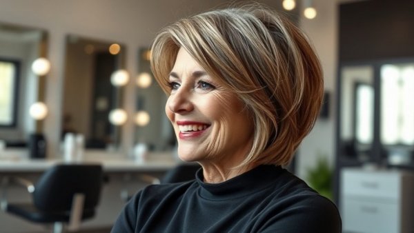 Flattering haircut for older woman in salon, chic style.