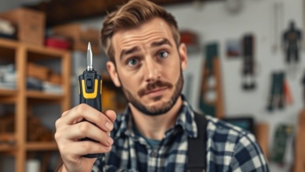 Man examining budget DIY tool in a workshop.