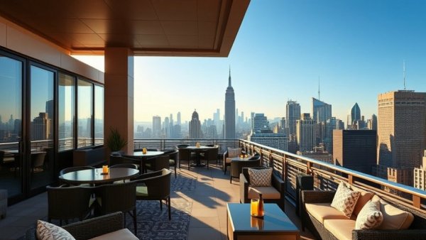 Luxurious rooftop at Conrad Hotel New York Downtown with city view.
