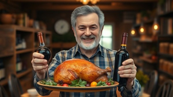 Best wine bar atmosphere with roast turkey and wine in a cozy rustic setting.