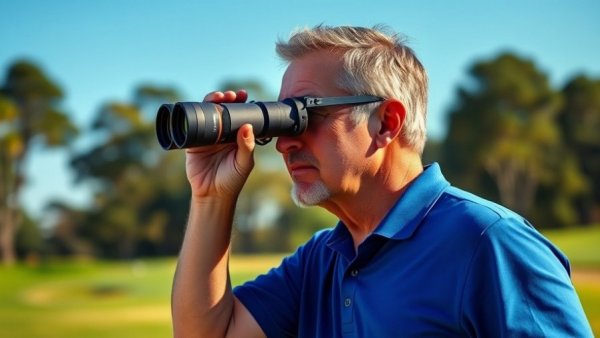 Middle-aged man on golf course using binoculars, clear sky, trees.